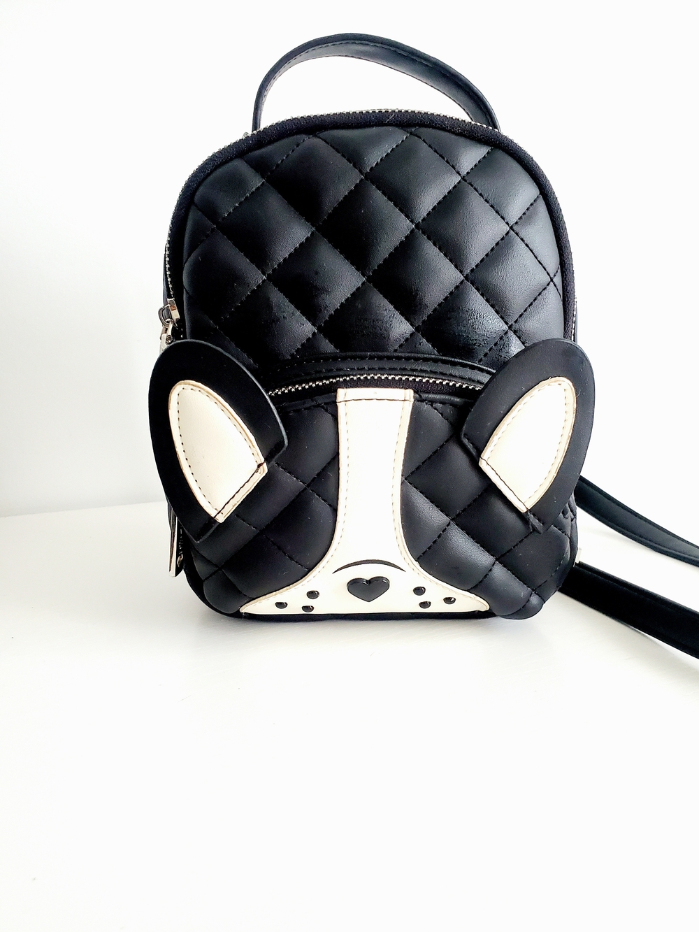 Betsey Johnson Black Mini Quilted Backpack with Cream Bulldog Appliqué